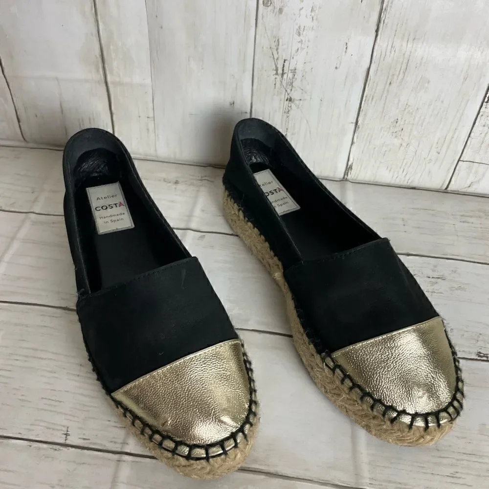 Atelier Costa Gold And Black Espadrille- Handmade In Spain Size 37 or 5.5